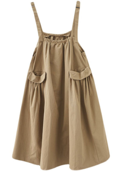 Khaki Oversized Pockets Cotton Strap a Line Dress Summer