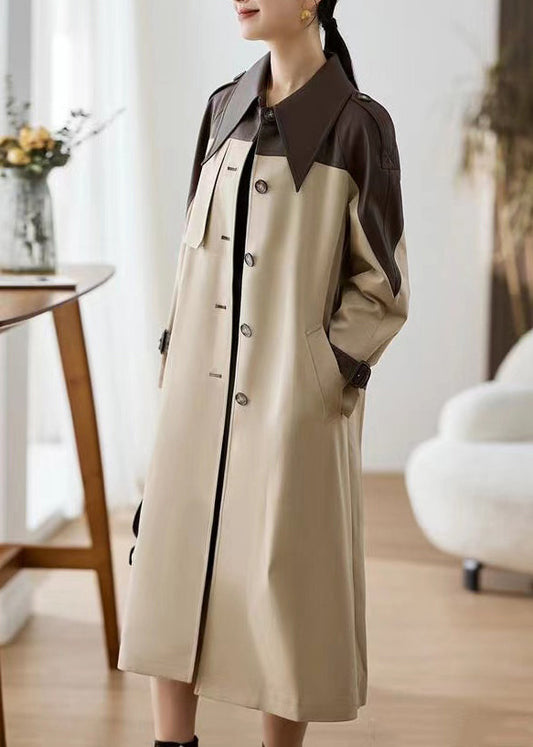 Khaki Peter Pan Collar Pockets Patchwork Faux Leather Trench Fall