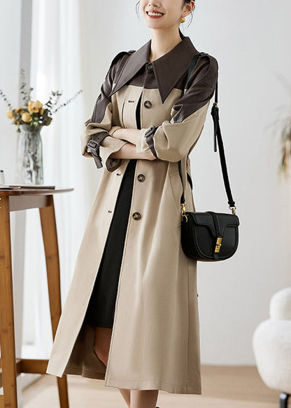 Khaki Peter Pan Collar Pockets Patchwork Faux Leather Trench Fall
