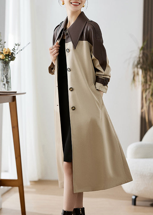 Khaki Peter Pan Collar Pockets Patchwork Faux Leather Trench Fall