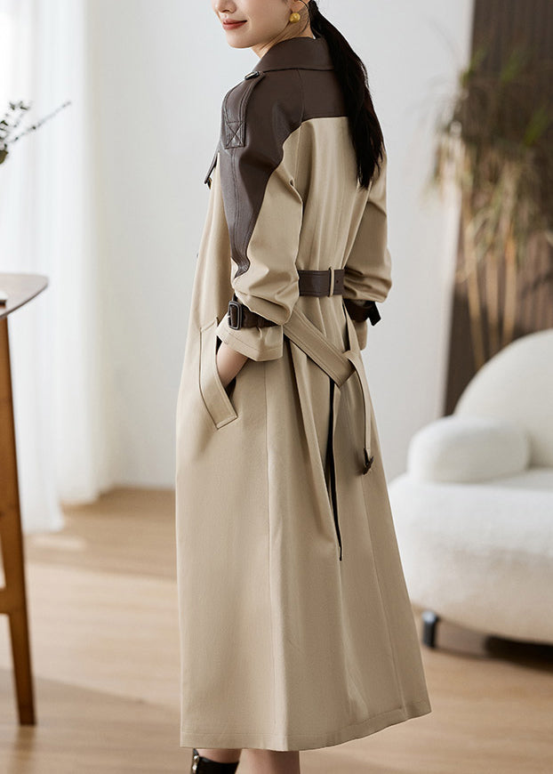 Khaki Peter Pan Collar Pockets Patchwork Faux Leather Trench Fall