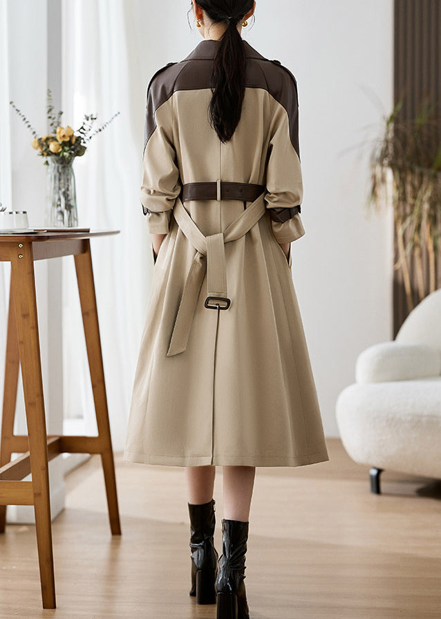 Khaki Peter Pan Collar Pockets Patchwork Faux Leather Trench Fall