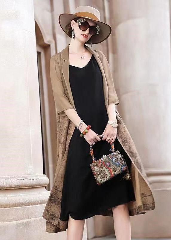 Khaki Peter Pan Collar Print Patchwork Cotton Trench Fall