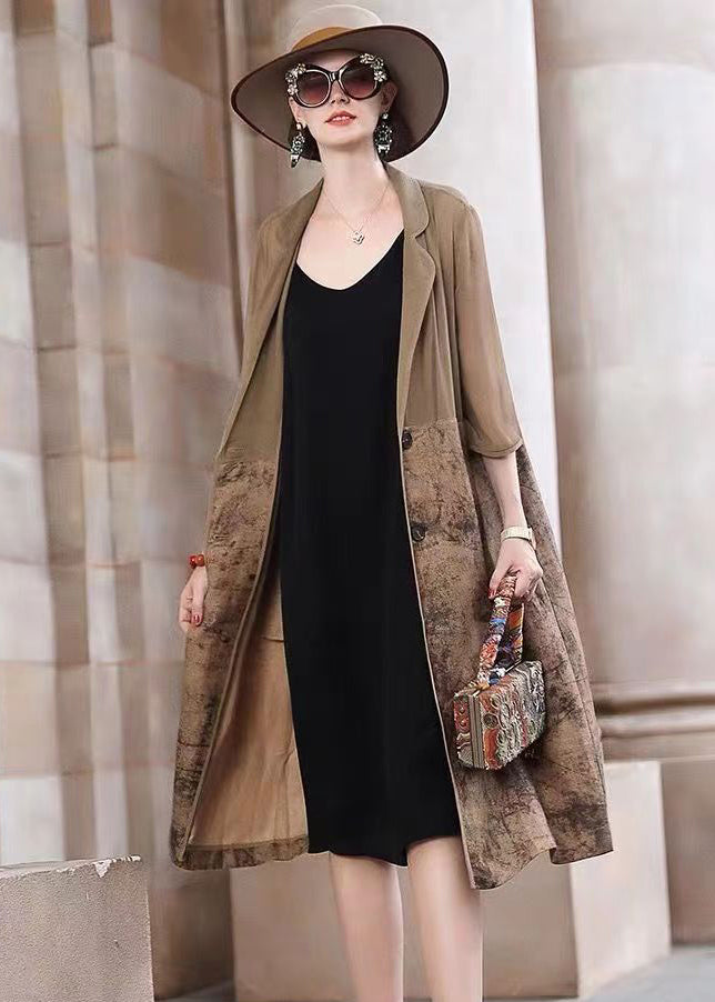 Khaki Peter Pan Collar Print Patchwork Cotton Trench Fall