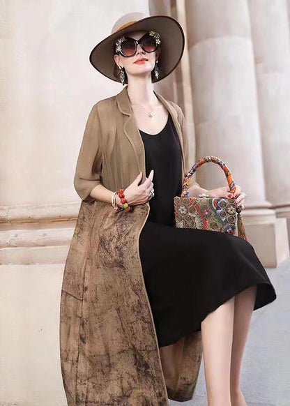 Khaki Peter Pan Collar Print Patchwork Cotton Trench Fall