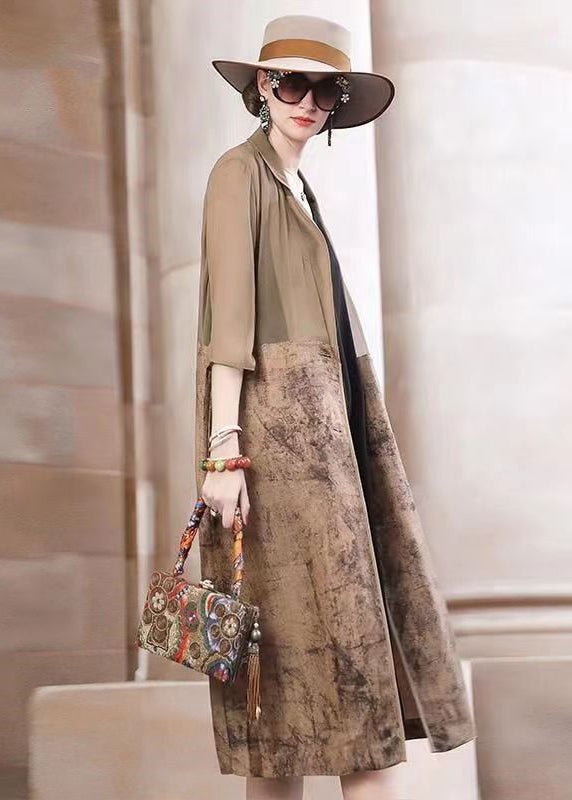 Khaki Peter Pan Collar Print Patchwork Cotton Trench Fall