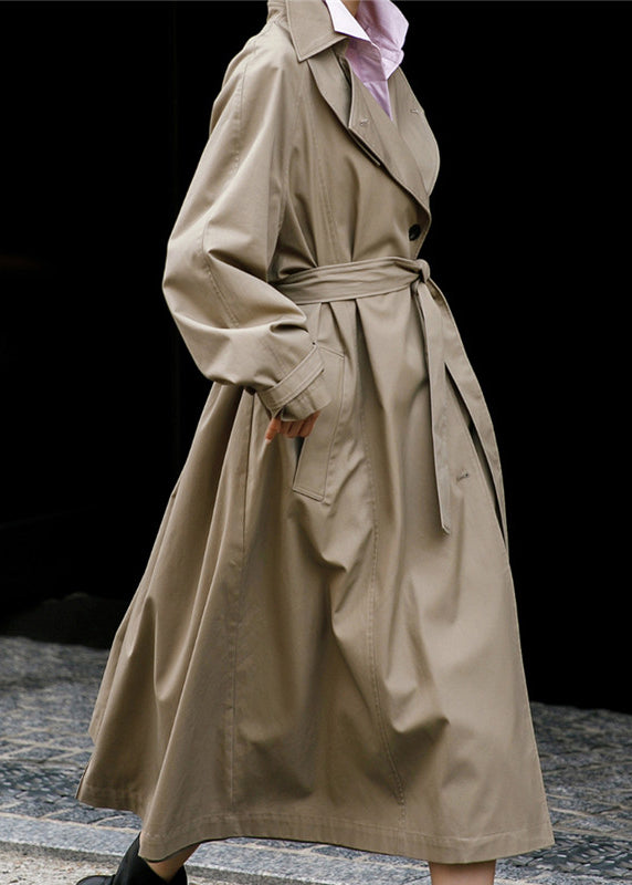 Khaki Peter Pan Collar Tie Waist Button Pockets Cotton Trench Coats Long Sleeve