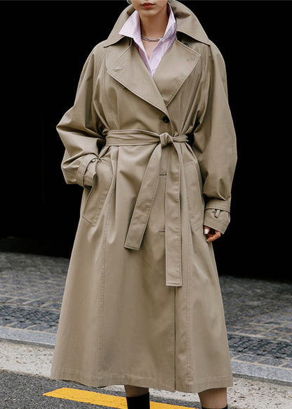 Khaki Peter Pan Collar Tie Waist Button Pockets Cotton Trench Coats Long Sleeve