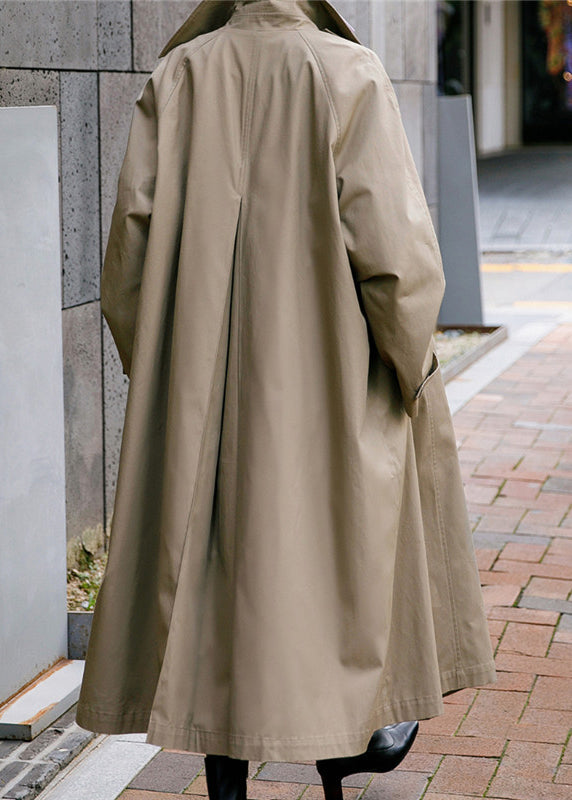 Khaki Peter Pan Collar Tie Waist Button Pockets Cotton Trench Coats Long Sleeve