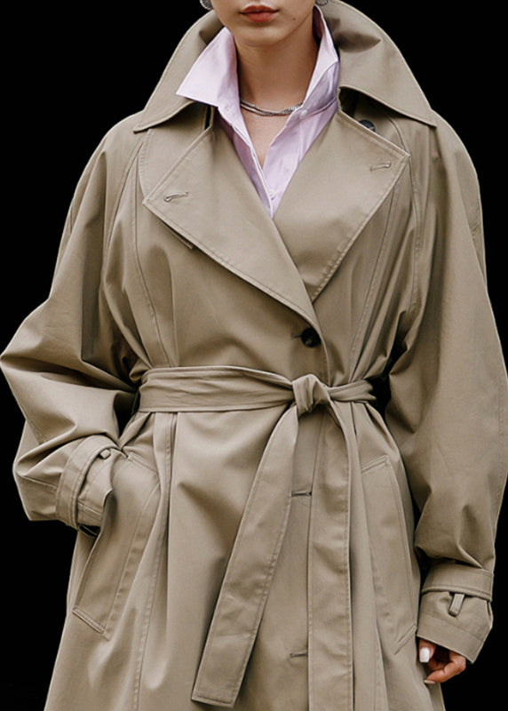 Khaki Peter Pan Collar Tie Waist Button Pockets Cotton Trench Coats Long Sleeve