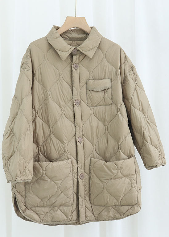 Khaki Peterpan Collar Pockets Button Winter Duck Down Coat