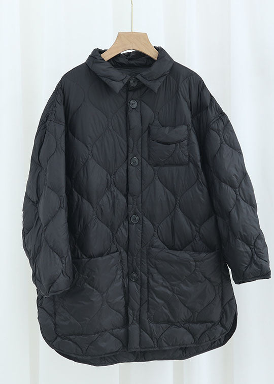Khaki Peterpan Collar Pockets Button Winter Duck Down Coat