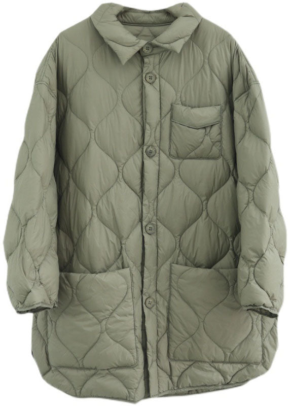 Khaki Peterpan Collar Pockets Button Winter Duck Down Coat