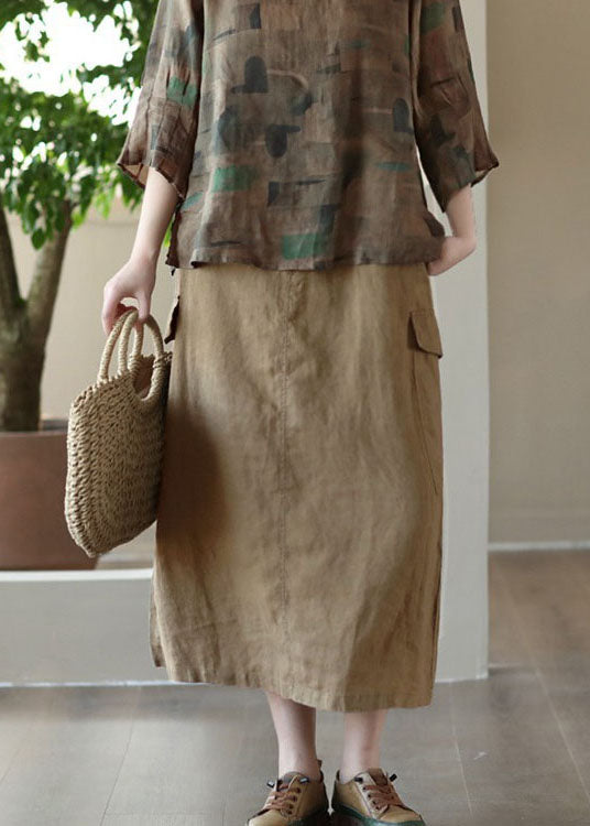 Khaki Pockets Patchwork Cotton a Line Skirts Summer