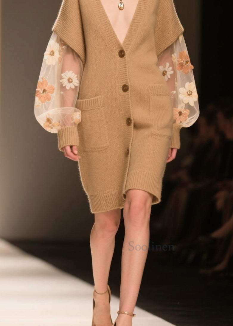 Khaki Pockets Tulle Patchwork Knit Cardigans Fall