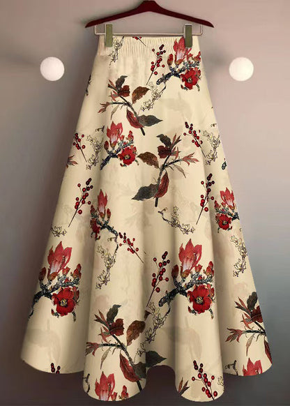 Khaki Print Elastic Waist Cotton Skirt Summer