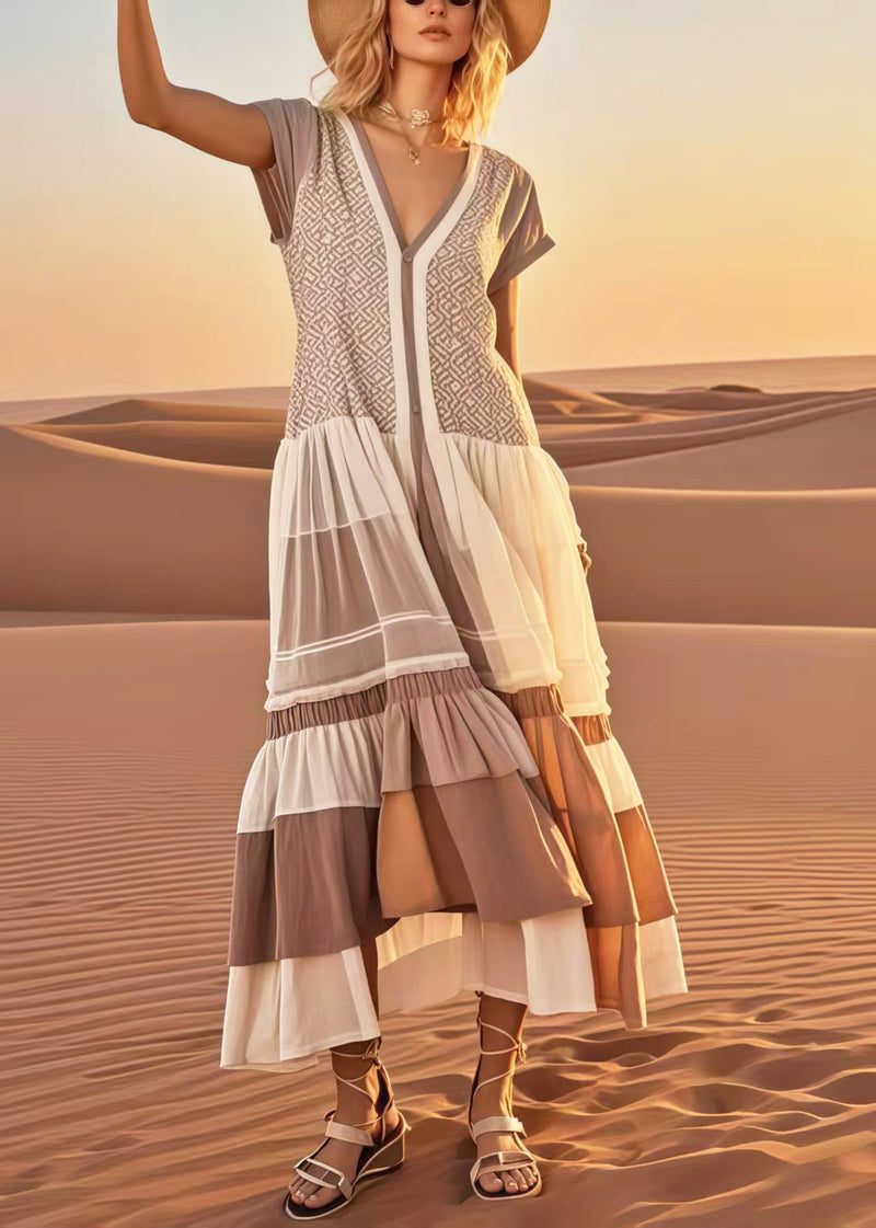 Khaki Print Patchwork Cotton Vacation Dresses Summer