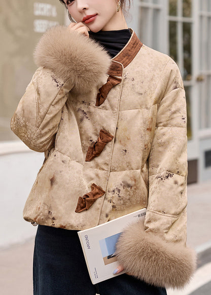 Khaki Print Patchwork Fox Fur Duck Down Winter Coats