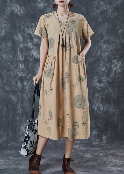 Khaki Print Pockets Cotton Holiday Dress Summer