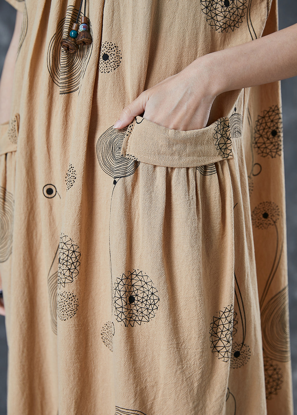 Khaki Print Pockets Cotton Holiday Dress Summer