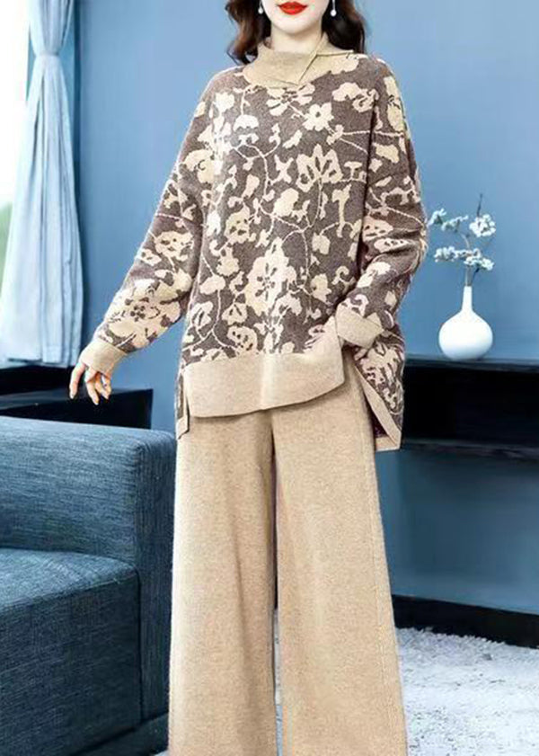 Khaki Print Tops and Pants Woolen Two Pieces Set Fall
