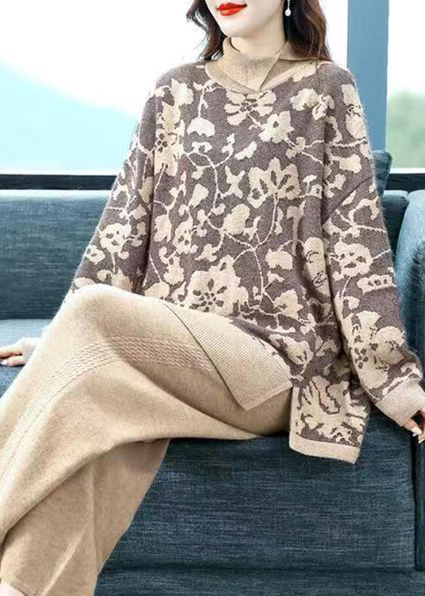 Khaki Print Tops and Pants Woolen Two Pieces Set Fall