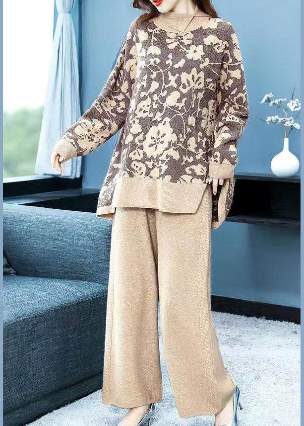 Khaki Print Tops and Pants Woolen Two Pieces Set Fall