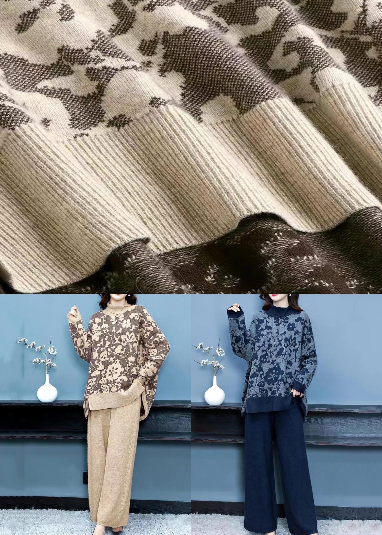 Khaki Print Tops and Pants Woolen Two Pieces Set Fall