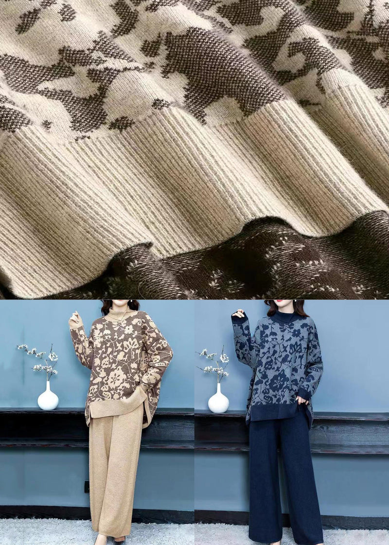 Khaki Print Tops and Pants Woolen Two Pieces Set Fall