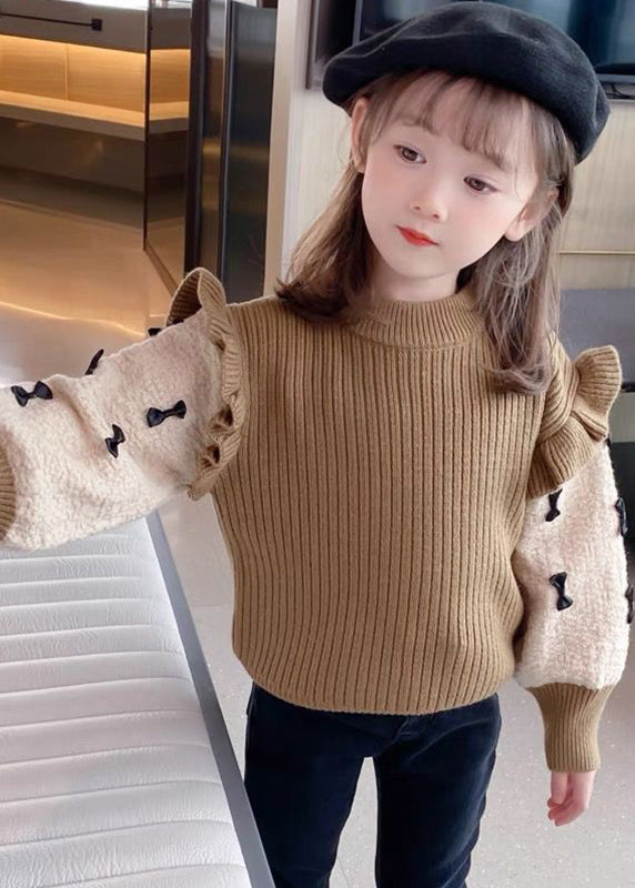 Khaki Ruffled Patchwork Bow Cotton Knit Kids Sweaters Spring