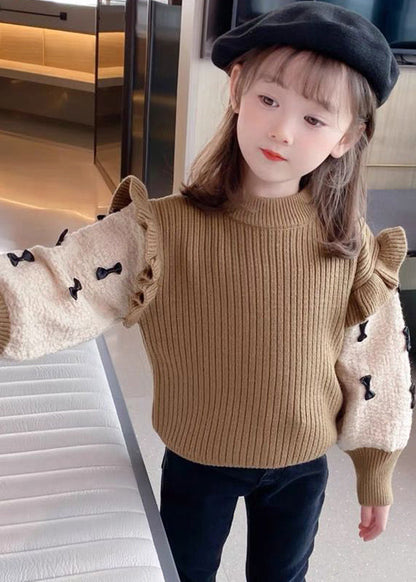 Khaki Ruffled Patchwork Bow Cotton Knit Kids Sweaters Spring