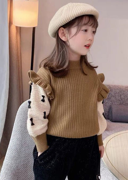 Khaki Ruffled Patchwork Bow Cotton Knit Kids Sweaters Spring