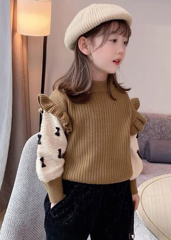 Khaki Ruffled Patchwork Bow Cotton Knit Kids Sweaters Spring