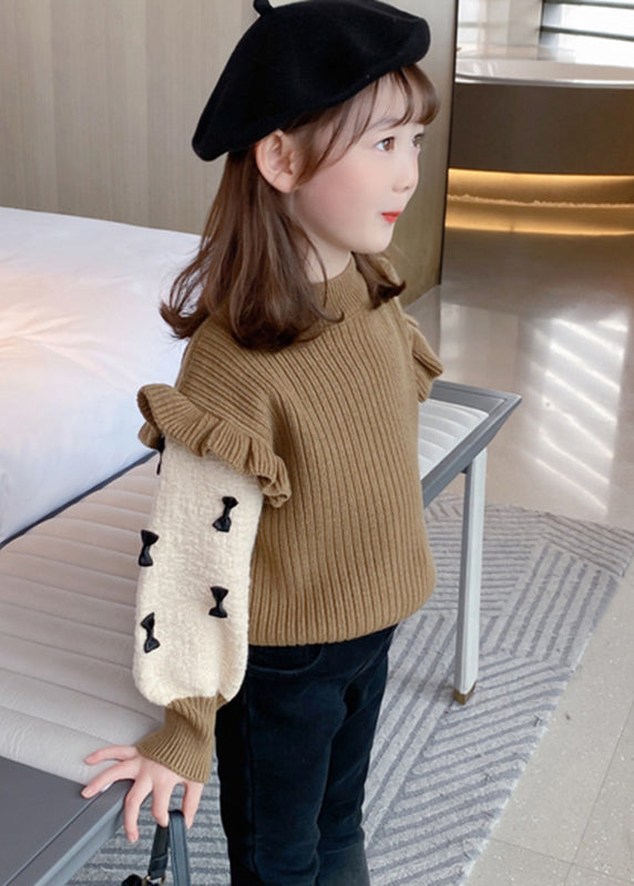 Khaki Ruffled Patchwork Bow Cotton Knit Kids Sweaters Spring