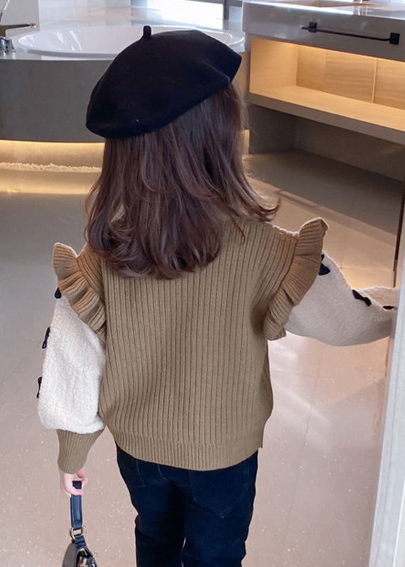 Khaki Ruffled Patchwork Bow Cotton Knit Kids Sweaters Spring