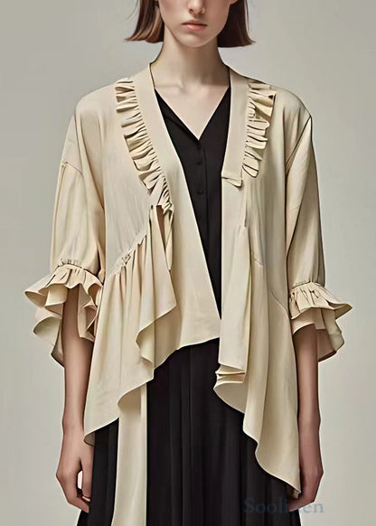 Khaki Ruffled Cotton Cardigan Butterfly Sleeve