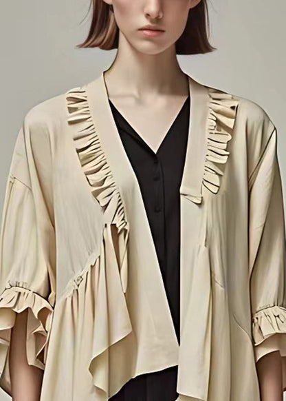 Khaki Ruffled Cotton Cardigan Butterfly Sleeve
