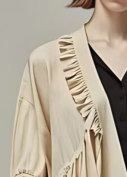 Khaki Ruffled Cotton Cardigan Butterfly Sleeve