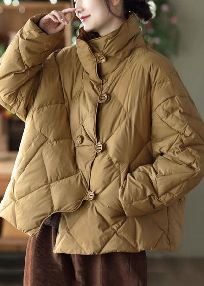 Khaki Stand Collar Oversized Button Duck Down Puffer Jacket Winter