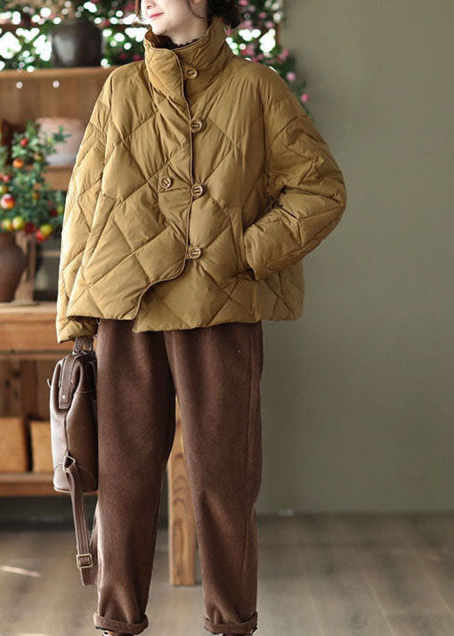 Khaki Stand Collar Oversized Button Duck Down Puffer Jacket Winter