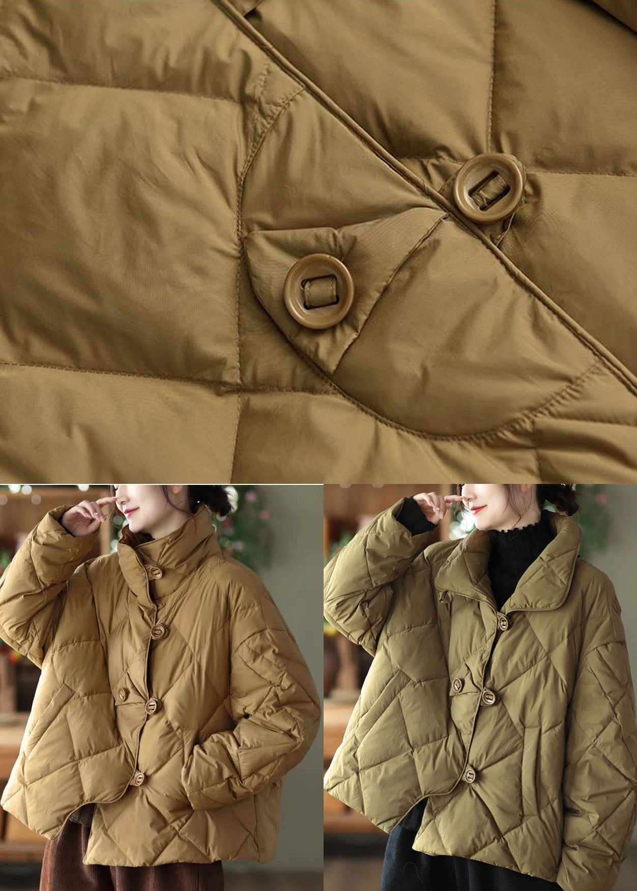 Khaki Stand Collar Oversized Button Duck Down Puffer Jacket Winter