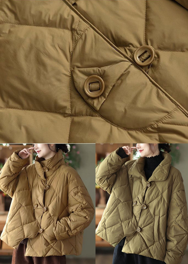Khaki Stand Collar Oversized Button Duck Down Puffer Jacket Winter
