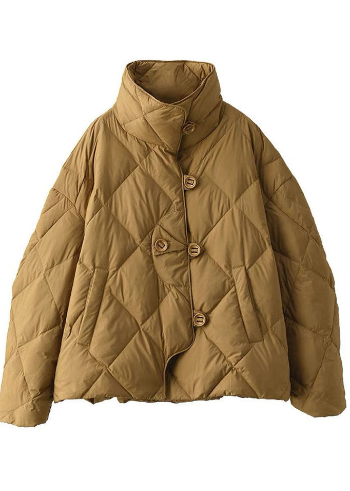 Khaki Stand Collar Oversized Button Duck Down Puffer Jacket Winter