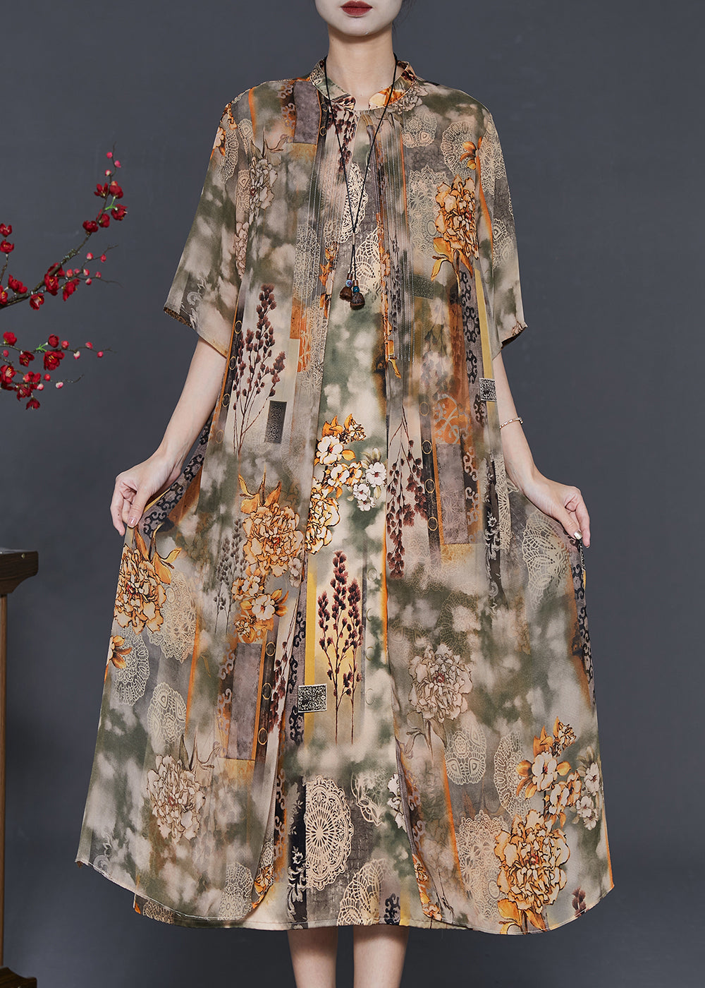 Khaki Stand Collar Print Chiffon Fake Two Piece Dress Summer