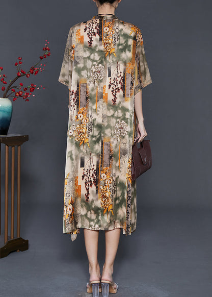Khaki Stand Collar Print Chiffon Fake Two Piece Dress Summer