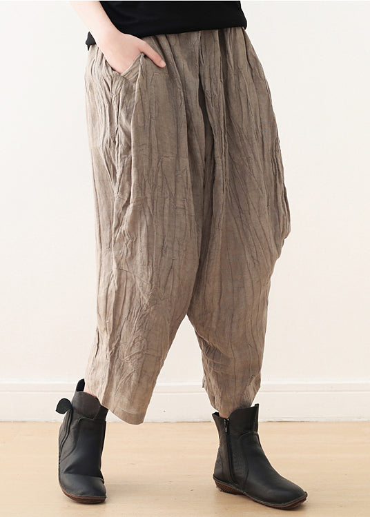 Khaki Tie Dye Wrinkled Linen Harem Pants Fall