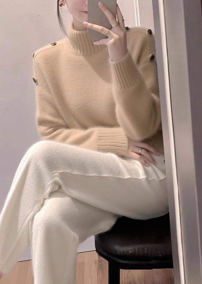Khaki Turtleneck Cozy Knit Sweaters Winter