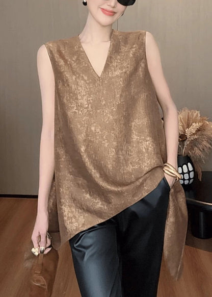 Khaki V Neck Asymmetrical Silk Tank Sleeveless