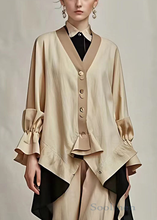Khaki V Neck Button Cotton Coat Long Sleeve