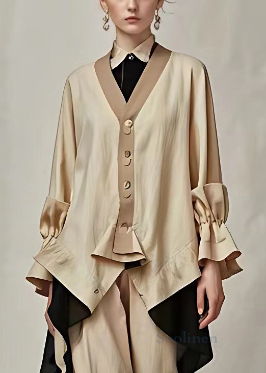Khaki V Neck Button Cotton Coat Long Sleeve